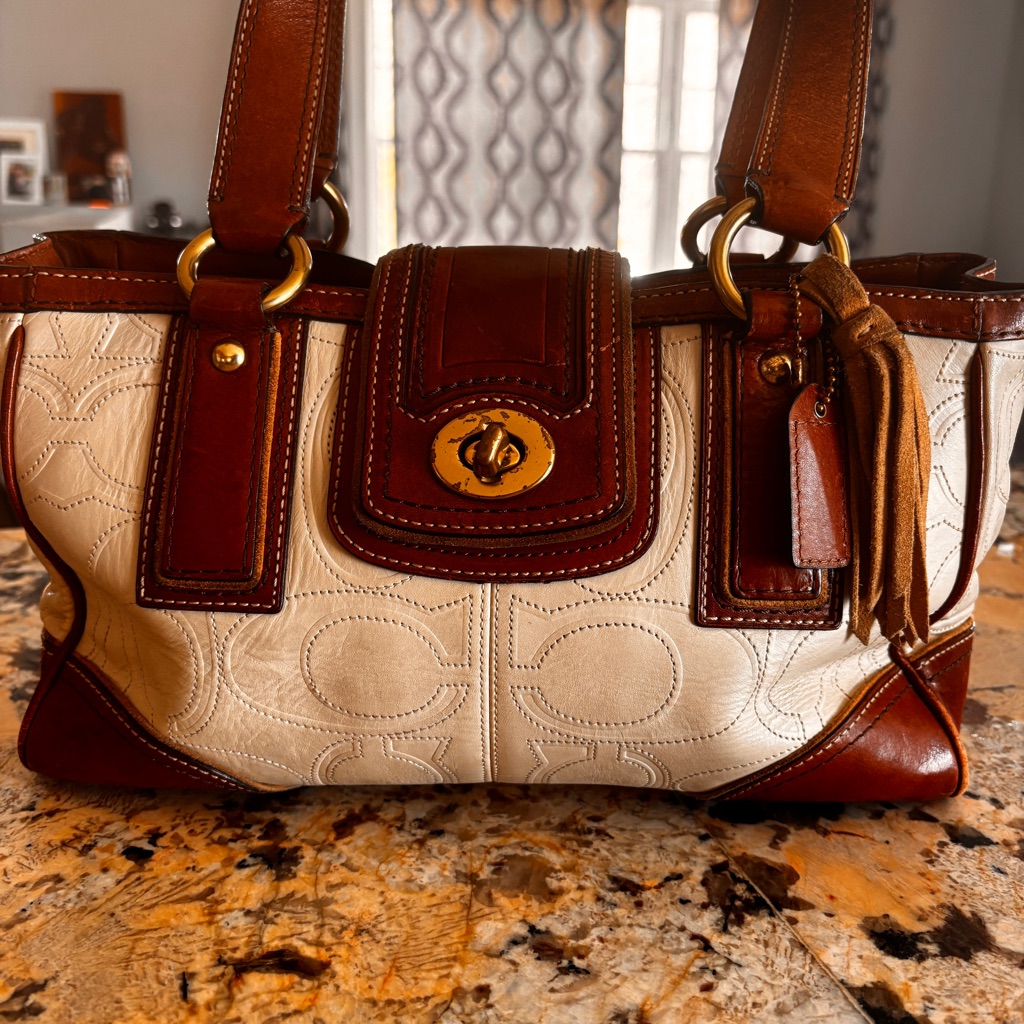 Cache Ivory And Brown Leather Shoulder Satchel With Tassel
